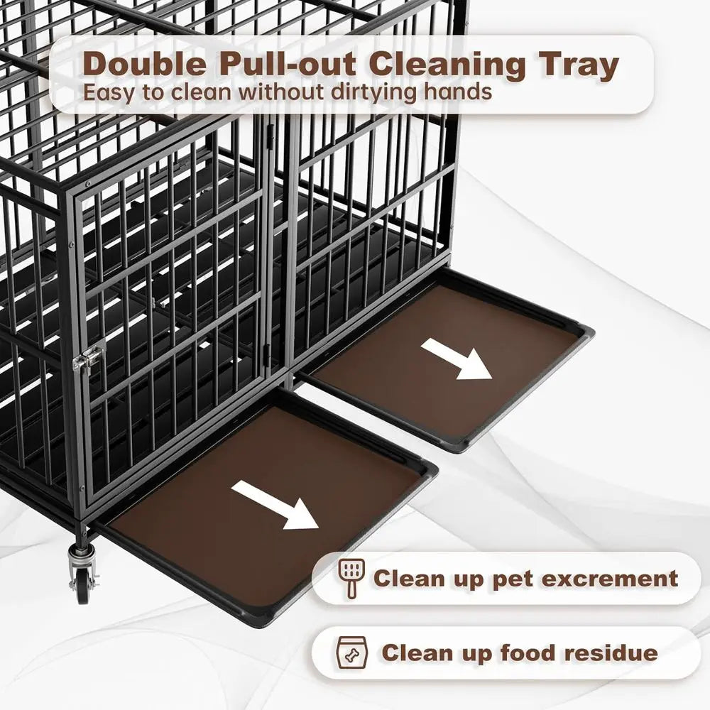 Heavy-Duty Dog Crate With Wheels And Removable Tray