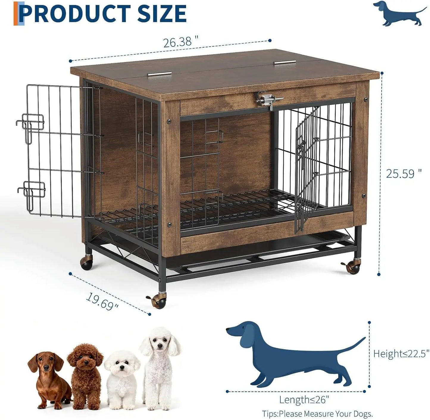 HiMISS Rustic Dog Crate Furniture With Wheels Heavy Duty Kennel