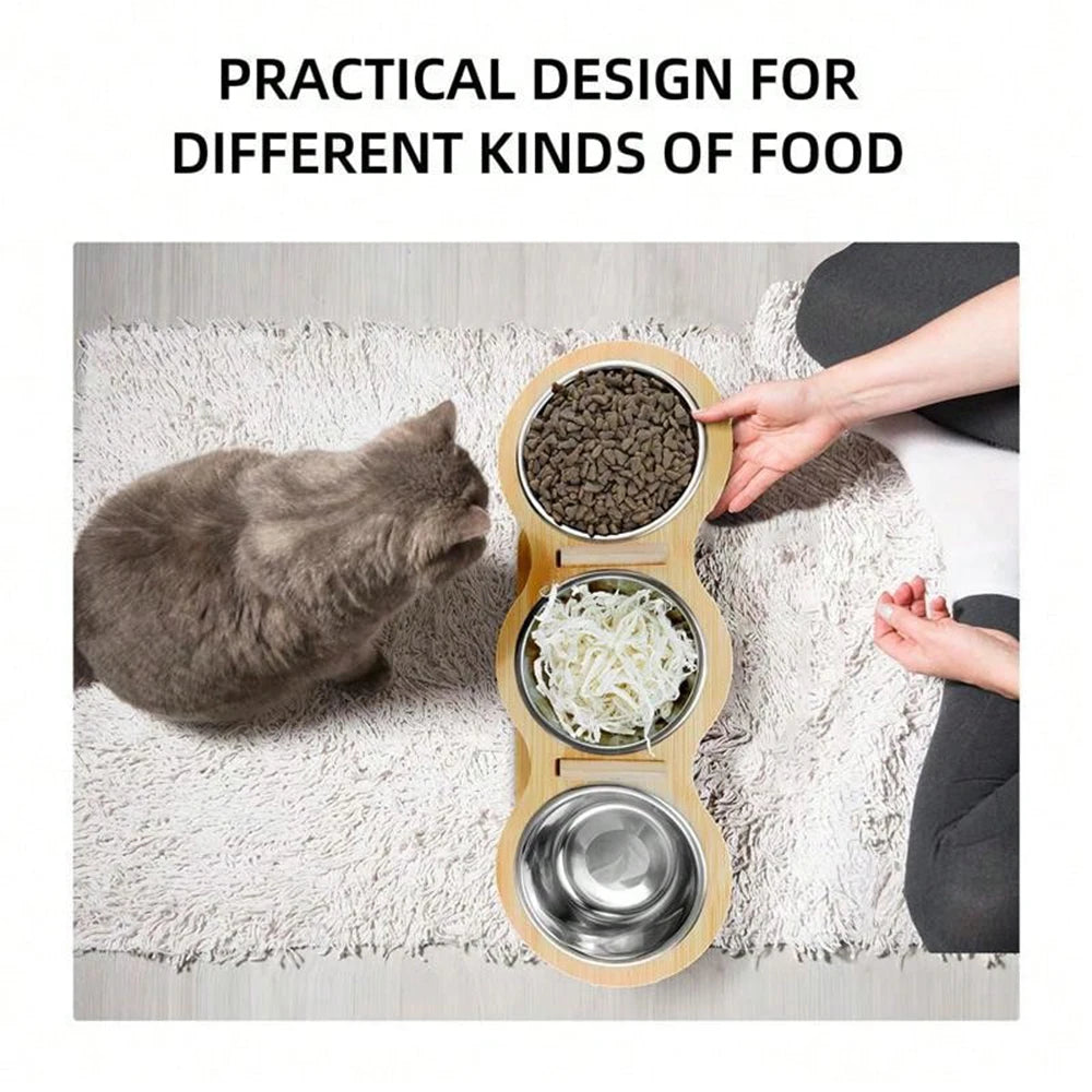 PETRAVEL Cat Feeder 3-In-1 Tilted Raised Stainless Bowls Wood Brackets