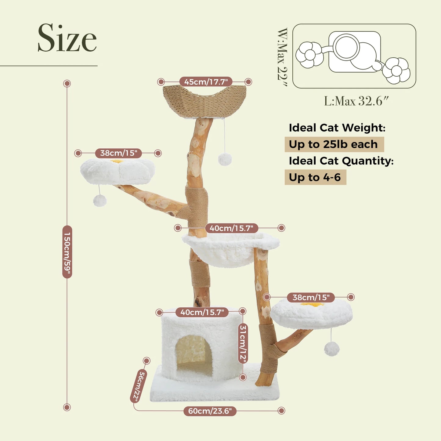 PAWZ Road Large Cat Tree Tower With Sisal Scratching Post And Wicker Basket Bed