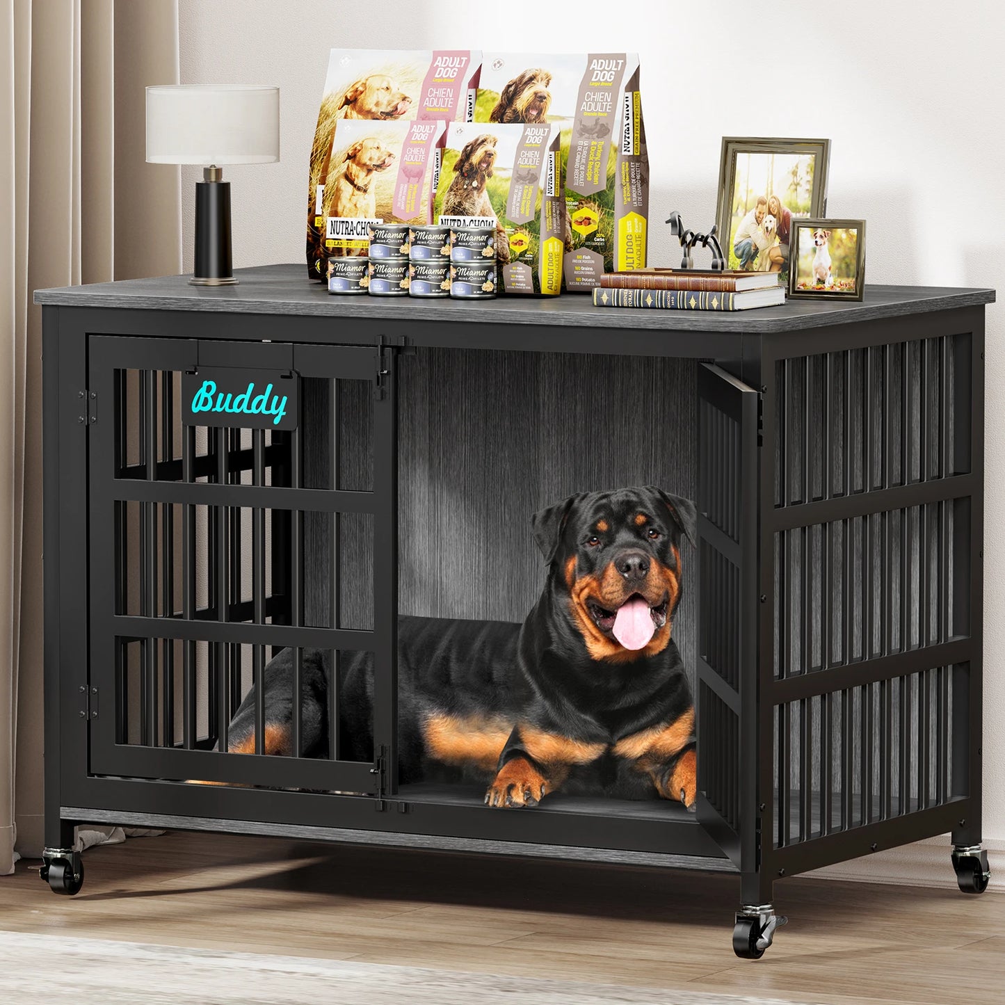Dog Crate Furniture With Casters For Large And Medium Dogs