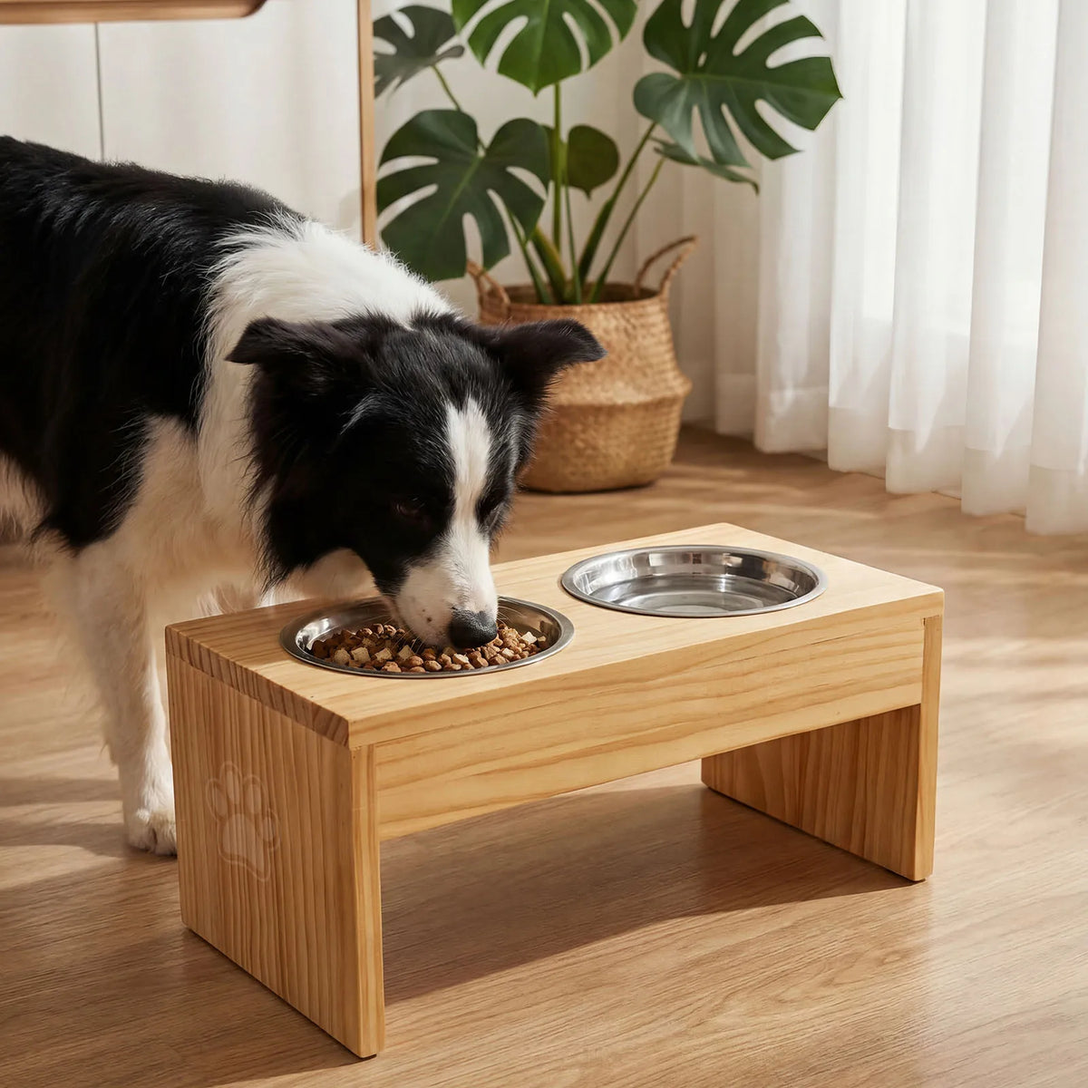 Wooden Elevated Dog Bowls With Stainless Steel Double Pet Feeder