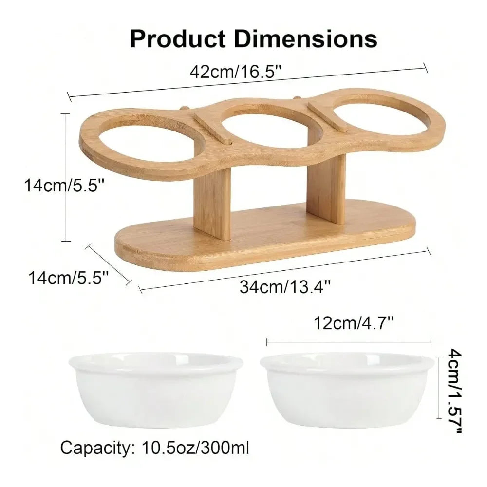 Adjustable Raised Dog Bowl Stand With Three Ceramic Bowls
