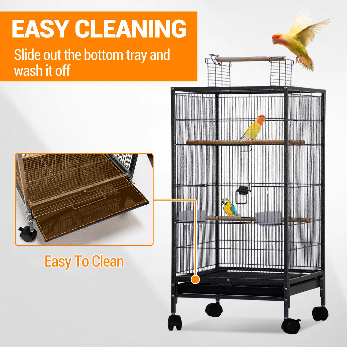 Open Top Double Parrot Cage With Rolling Storage Stand