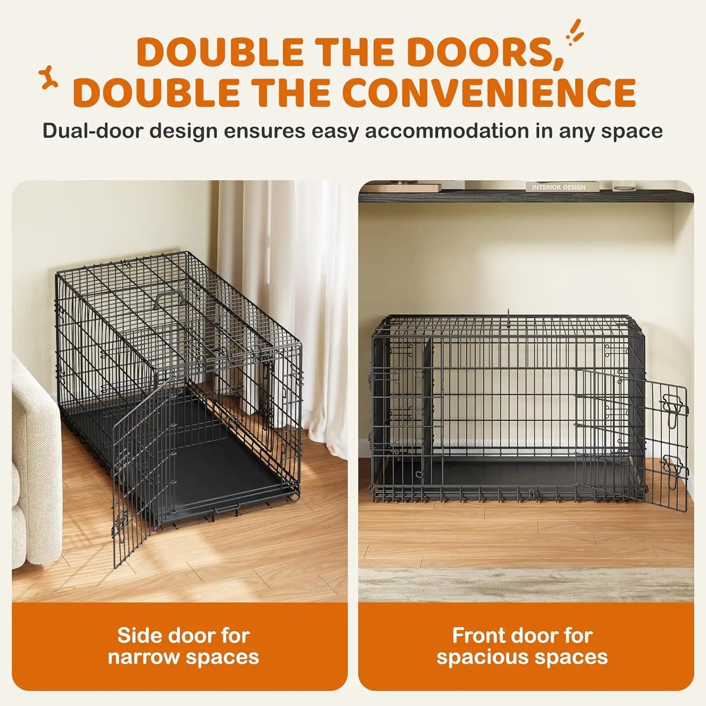 Double Door Collapsible Metal Dog Crate With Divider For Large Dogs