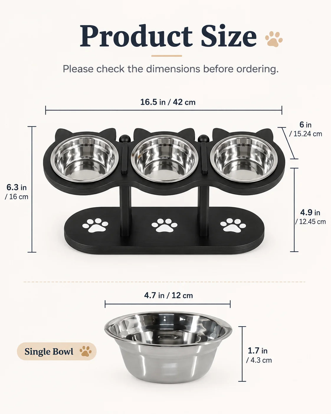 Tilted Elevated Cat Bowl Stand With Three Stainless Bowls