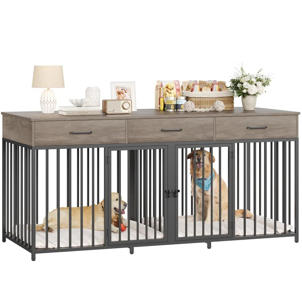 Heavy Duty Wooden Double Dog Crate With Drawers For Pets