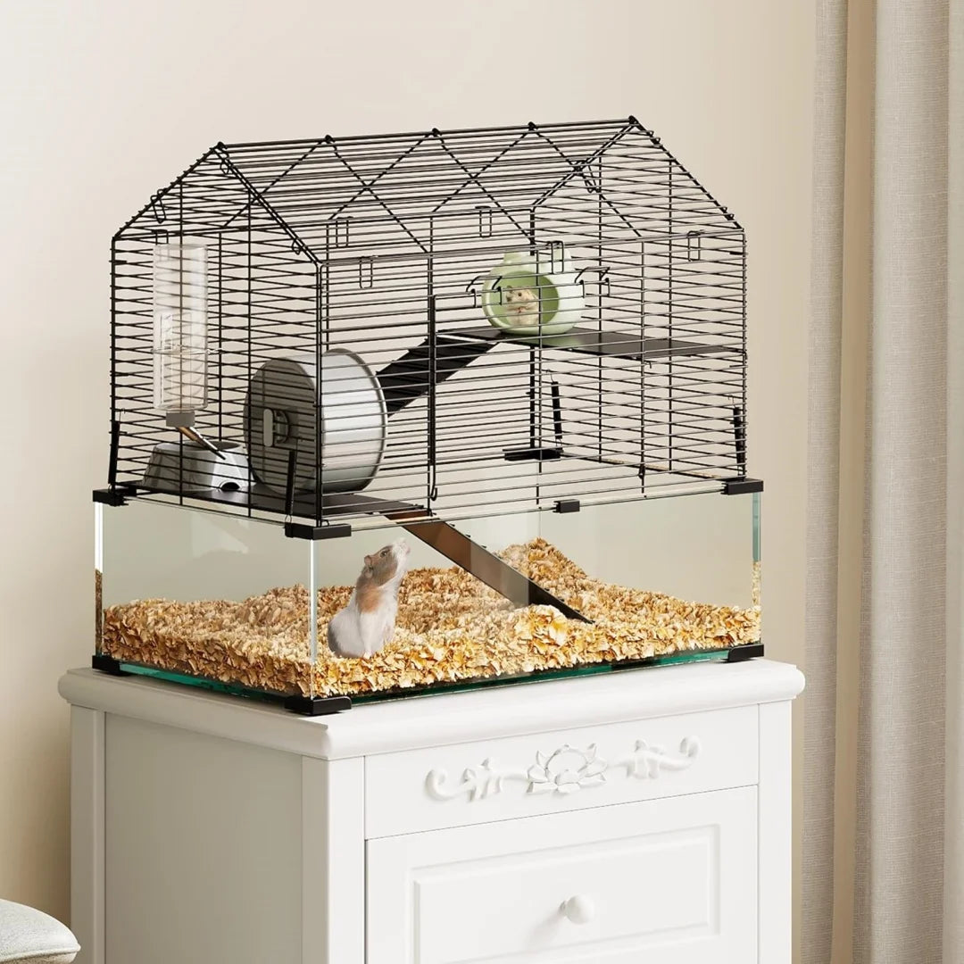 HiMISS 3 Tier Hamster Enclosure Metal And Glass Cage For Small Animals