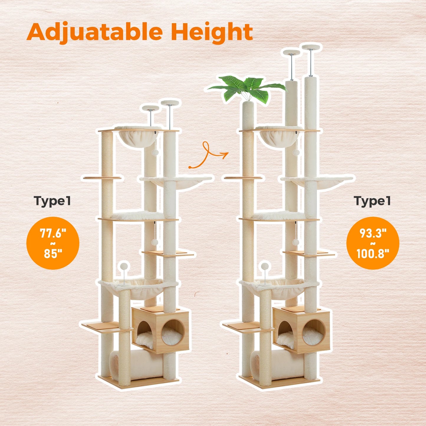 PAWZ Road Height Adjustable Wooden Cat Tree With Hammock Posts