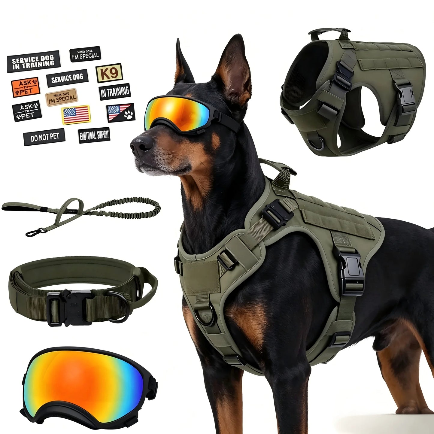 Tactical Dog Harness Vest With Leash And Velcro Patches Sunglasses