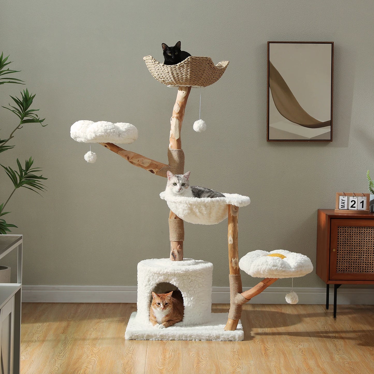 PEQULTI Solid Wood Cat Tree with Spacious Condo and Perches
