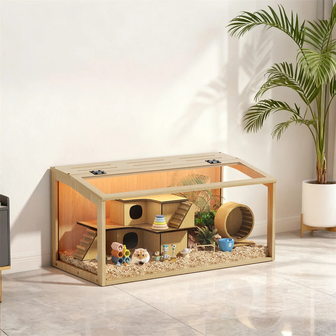Natural Wooden Hamster Cage With Tempered Glass Panels And LED