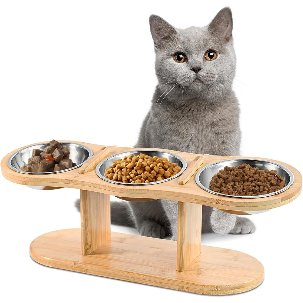 PETRAVEL Cat Feeder 3-In-1 Tilted Raised Stainless Bowls Wood Brackets