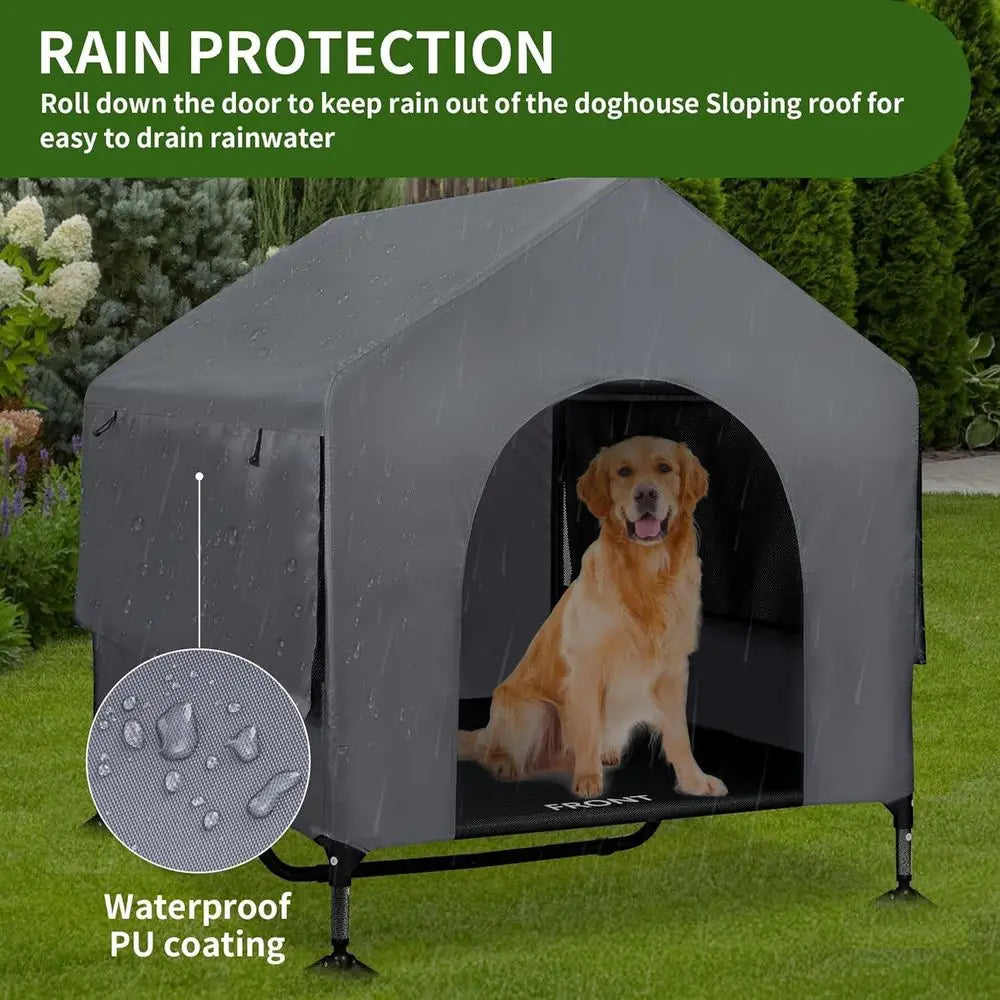 Dog House Outdoor Indoor Elevated Bed Cot With Mesh Windows