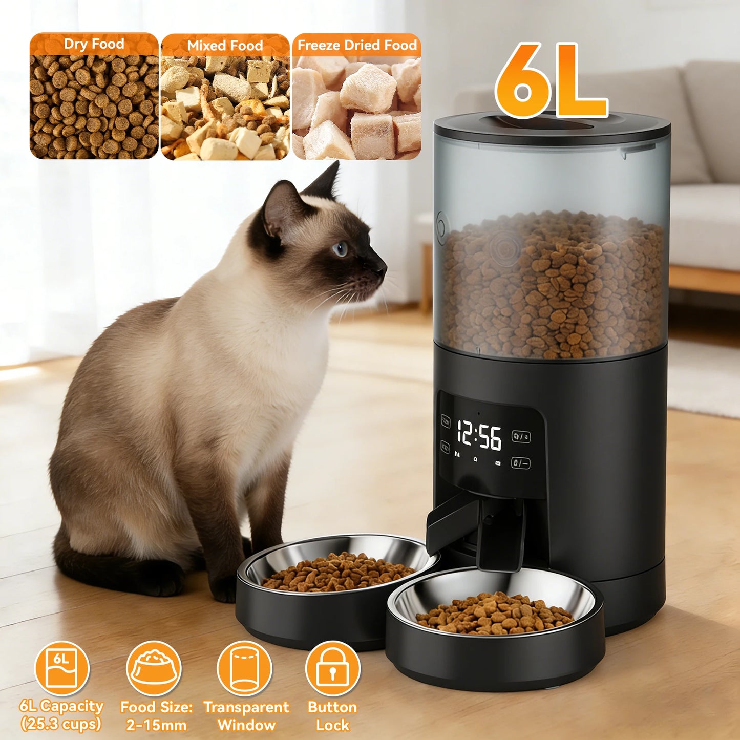 JHK Automatic Cat Feeder With Dual Bowls Timed Dispenser