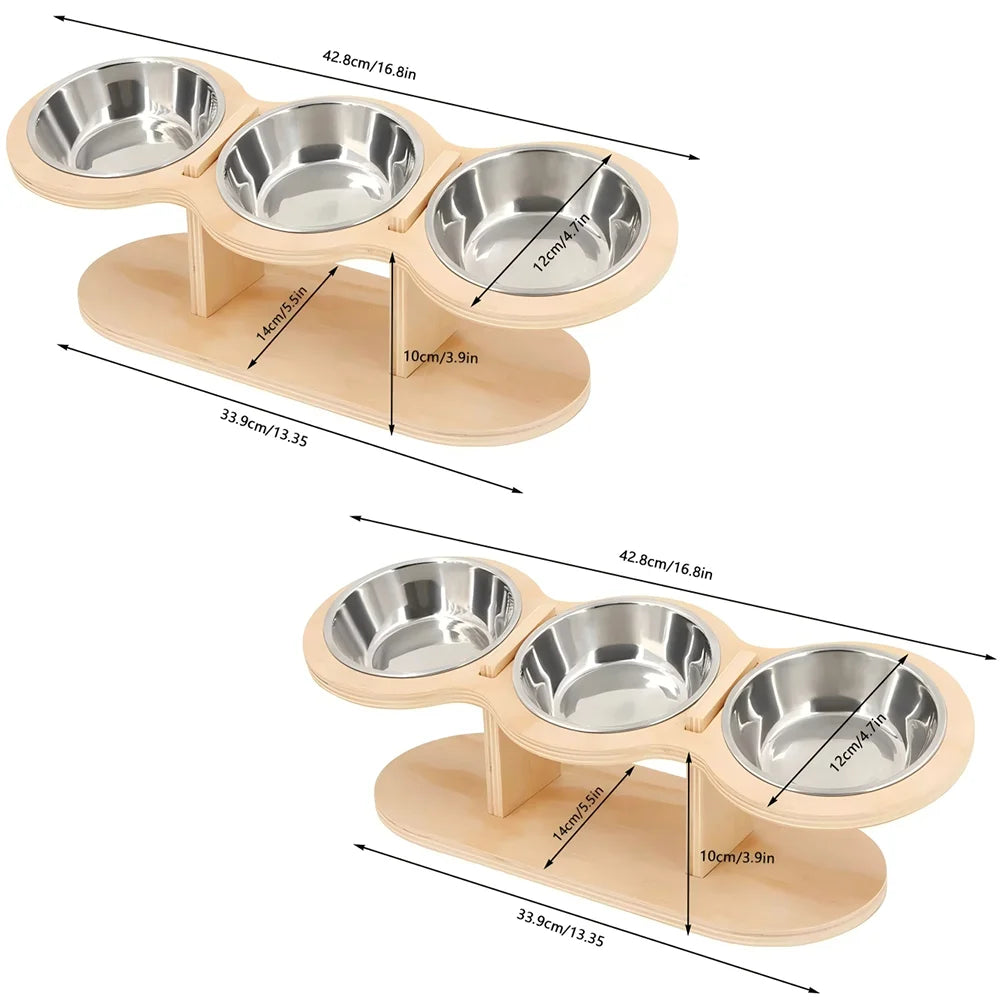 Cat Three Bowls In Raised Feeder With Tilted Wooden Stand