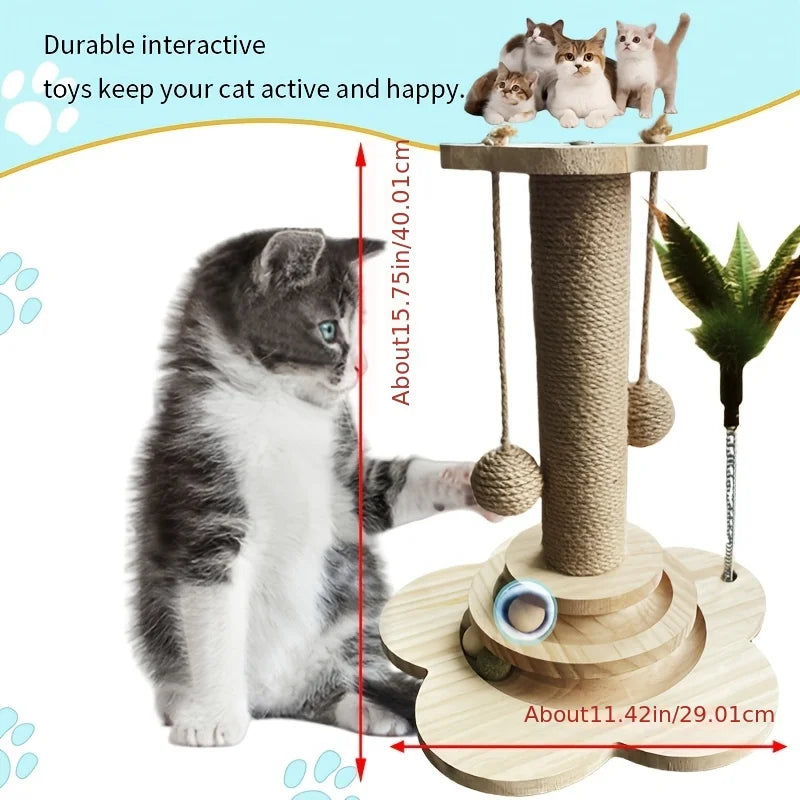 Indoor Cat Scratching Post With Teasing Wand And Ball Track