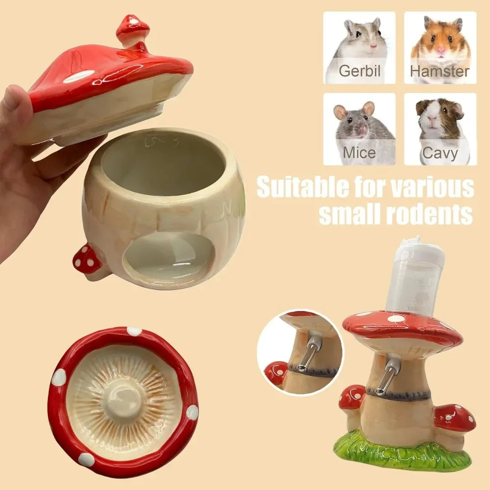 Ceramic Hamster Hideout With Water Bottle Stand And Food Bowl