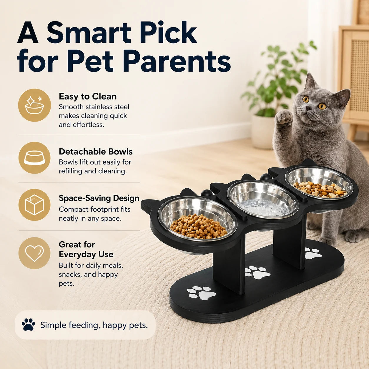 Tilted Elevated Cat Bowl Stand With Three Stainless Bowls