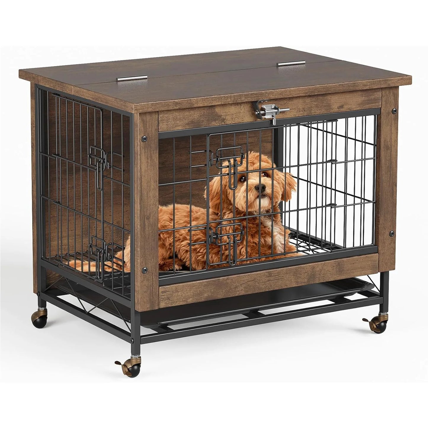 HiMISS Rustic Dog Crate Furniture With Wheels Heavy Duty Kennel
