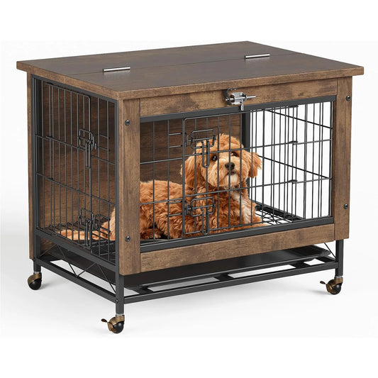 HiMISS Rustic Dog Crate Furniture With Wheels AntiChew Kennel