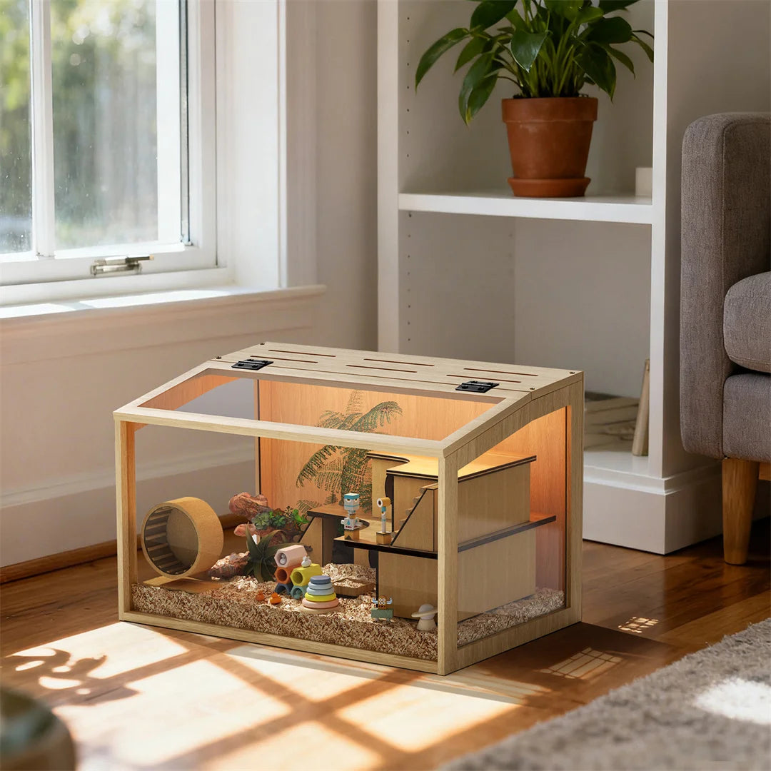 Natural Wooden Hamster Cage With Tempered Glass Panels And LED