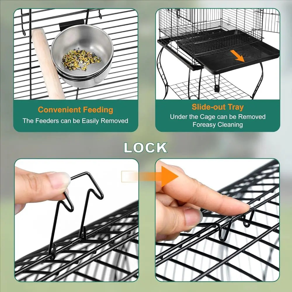 Open-Top Wrought Iron Bird Cage With Slide-Out Tray For Parrots And Cockatoos