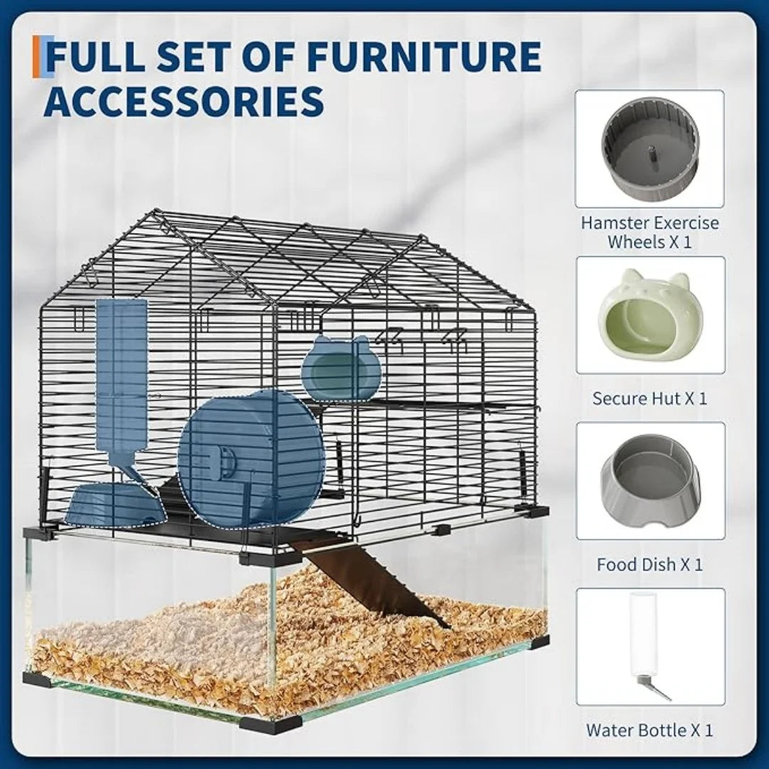HiMISS 3 Tier Hamster Enclosure Metal And Glass Cage For Small Animals