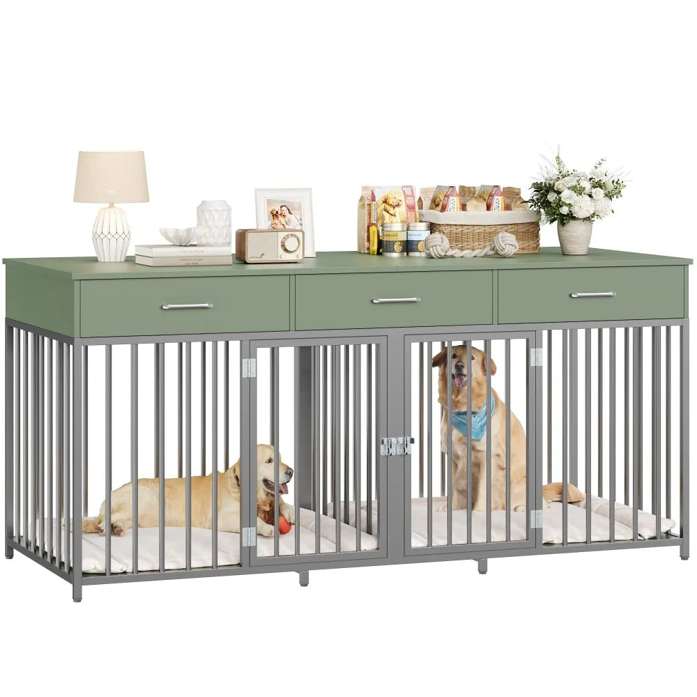 Heavy Duty Wooden Double Dog Crate With Drawers For Pets