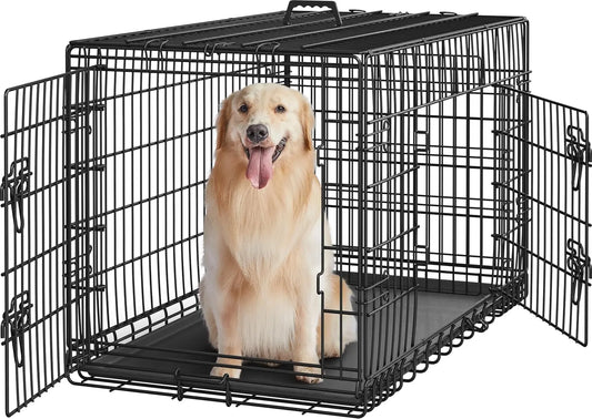 Double Door Collapsible Metal Dog Crate With Divider For Large Dogs