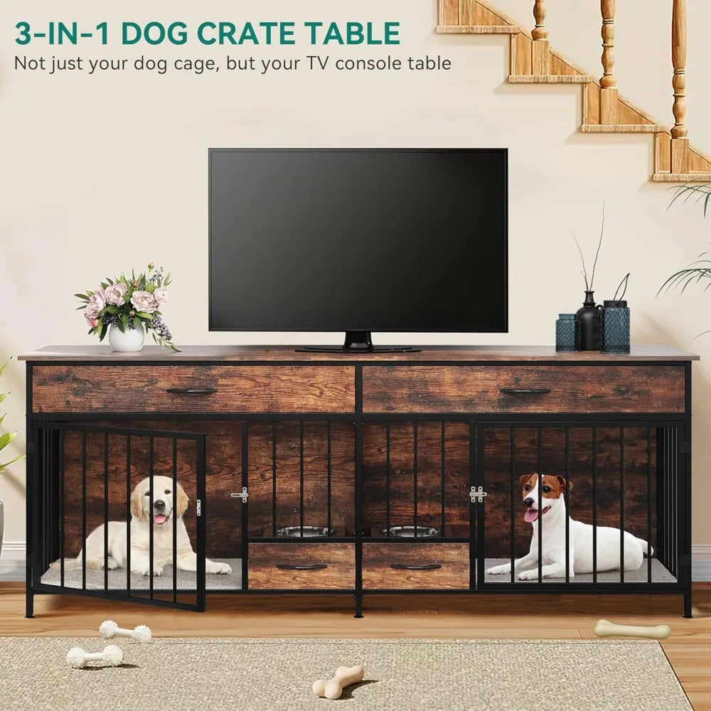 Double Dog Crate Furniture With TV Stand And Feeder