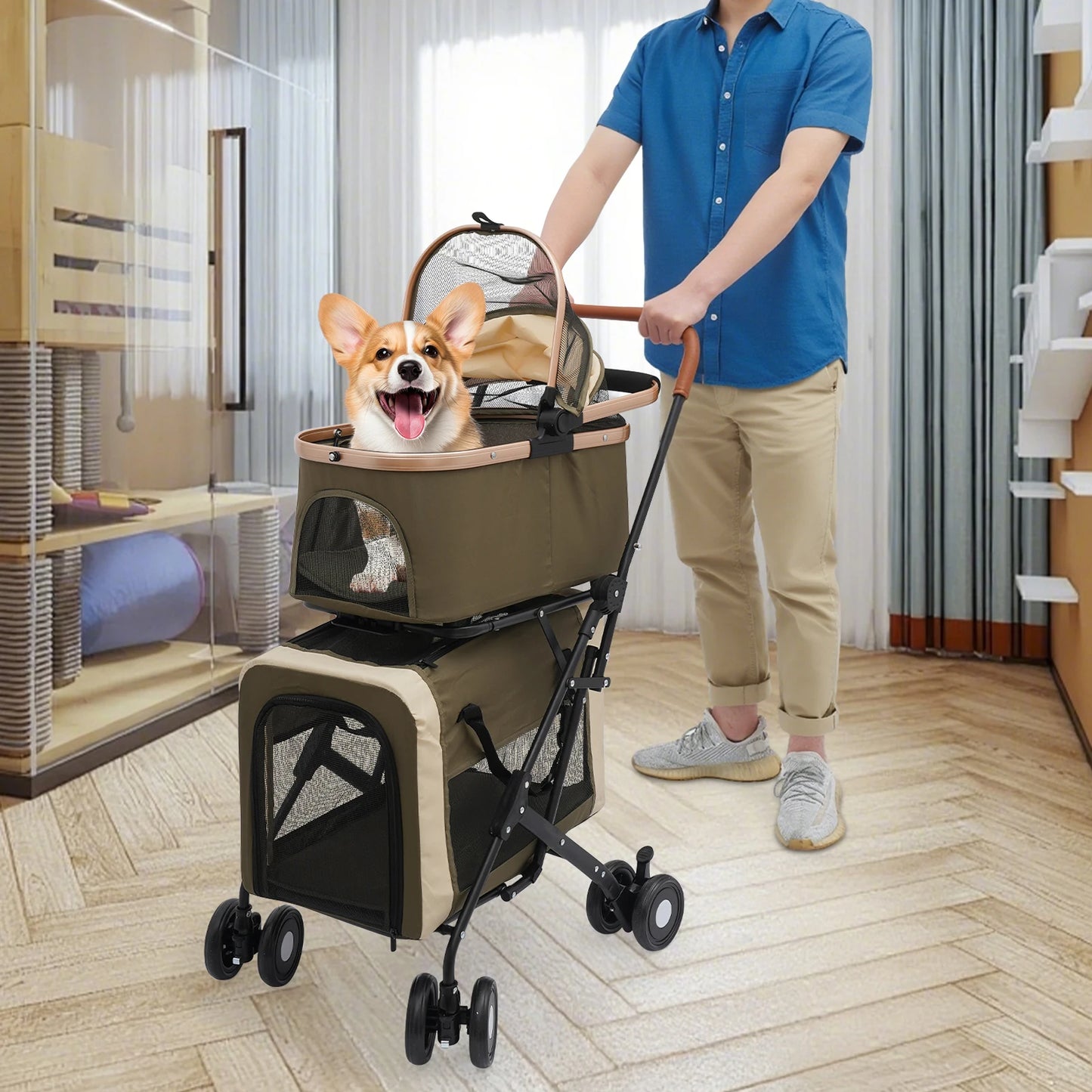 Bymaocar Foldable Pet Stroller For Travel With Sunshade Cushions