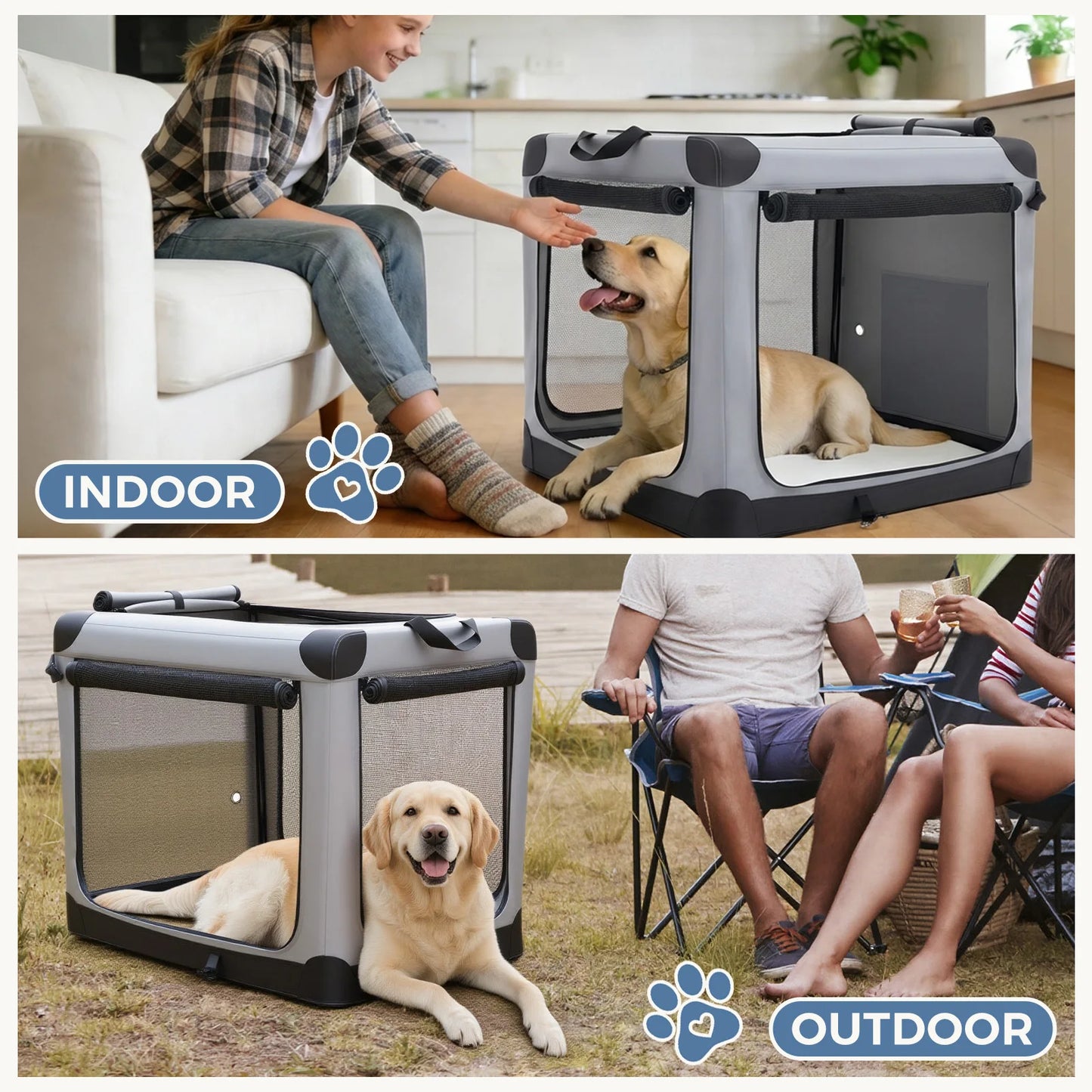 JHK 600D Oxford Foldable Soft Dog Crate with 3 Doors