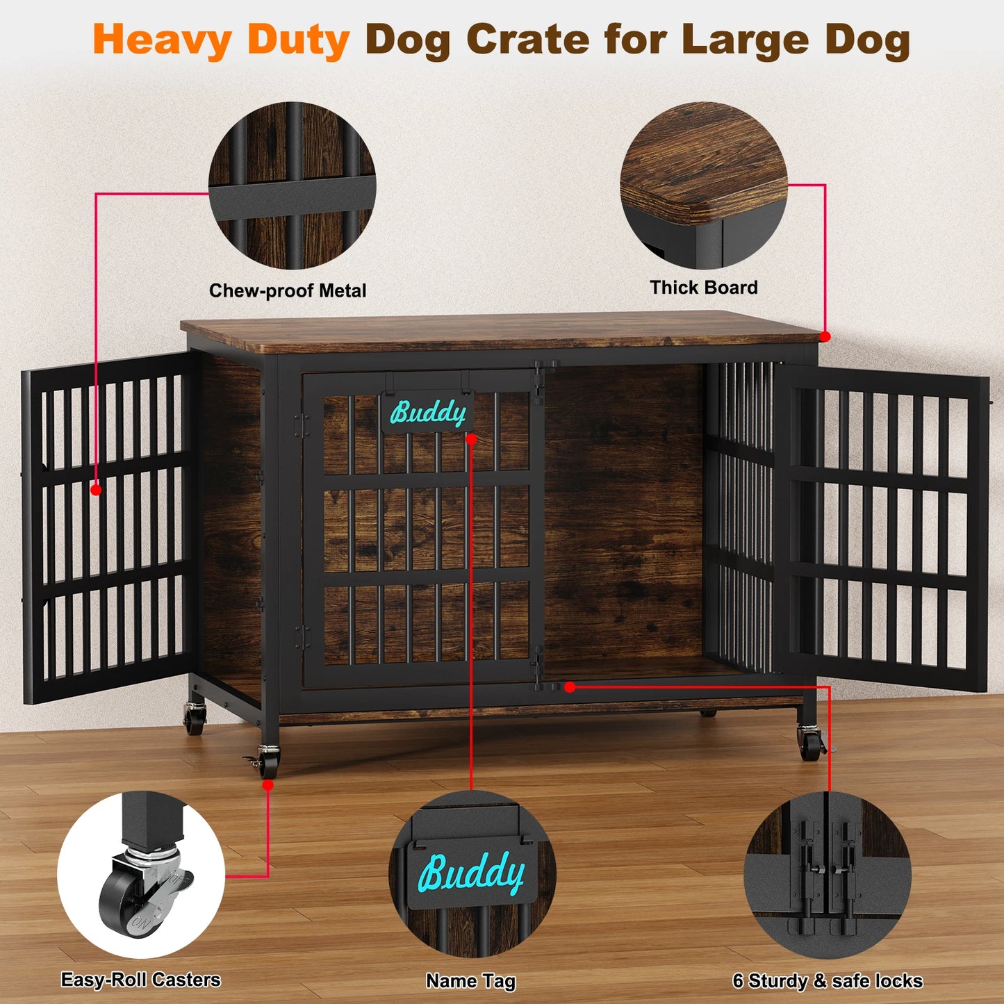 Dog Crate Furniture With Casters For Large And Medium Dogs