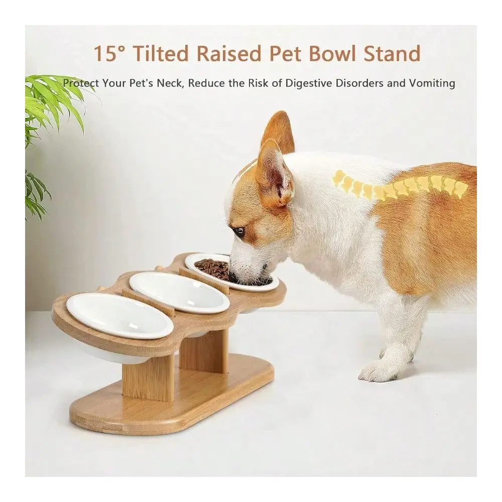 Adjustable Raised Dog Bowl Stand With Three Ceramic Bowls