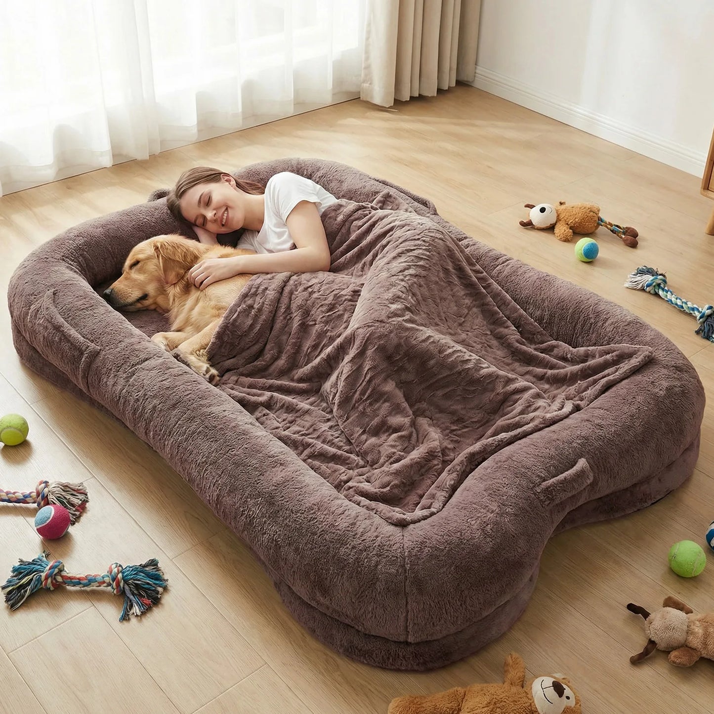 Plush Dog Bed Non Slip Washable With Blanket And Pocket