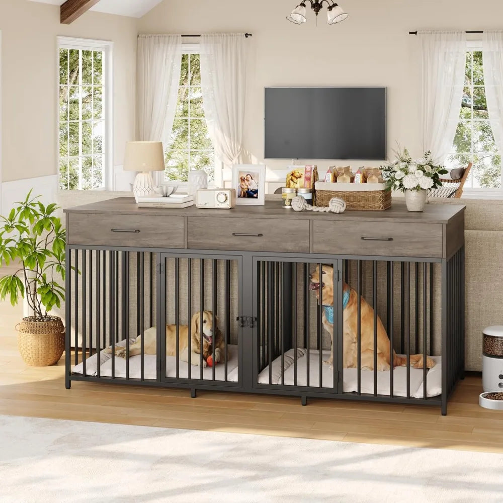Heavy Duty Wooden Double Dog Crate With Drawers For Pets