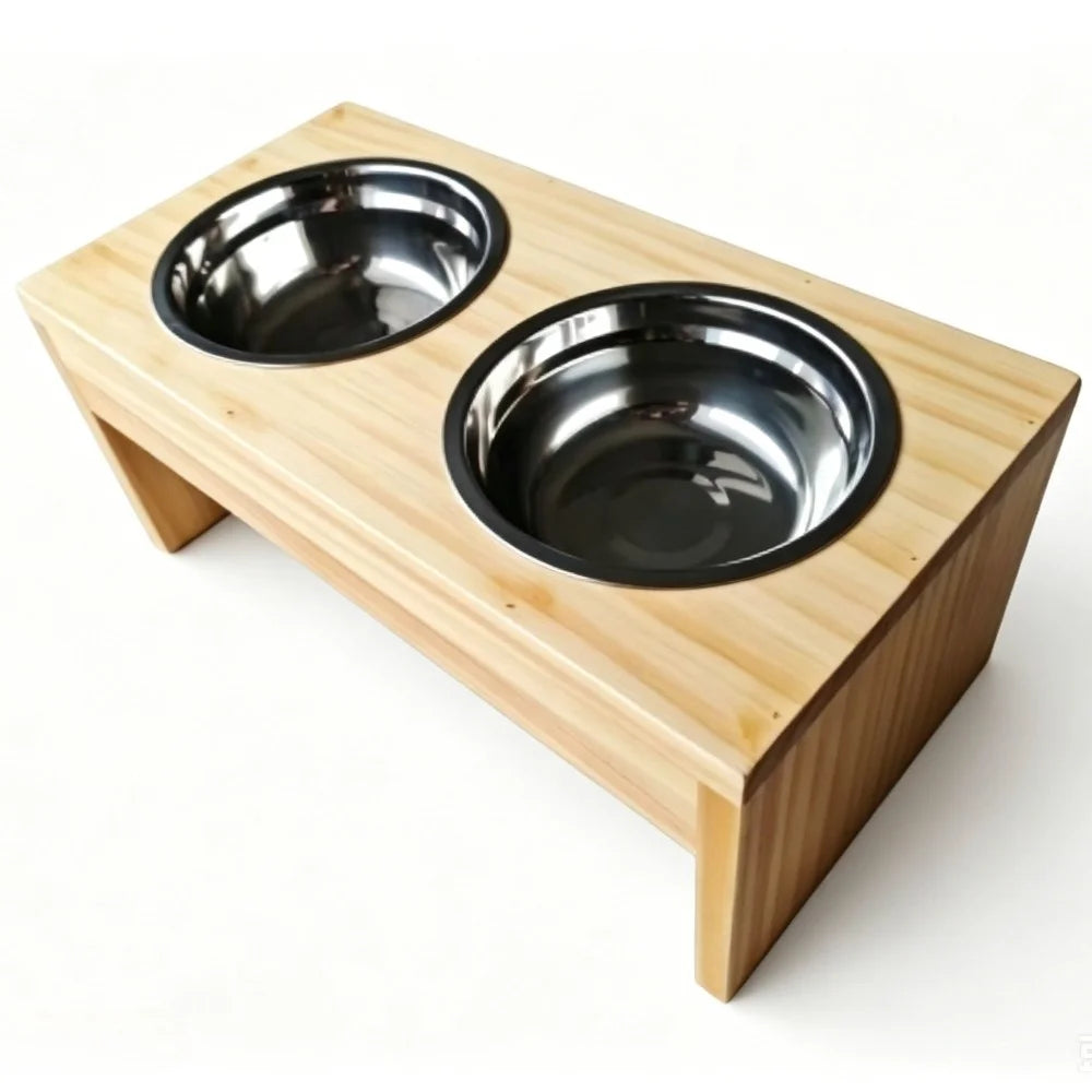 Wooden Elevated Dog Bowls With Stainless Steel Double Pet Feeder