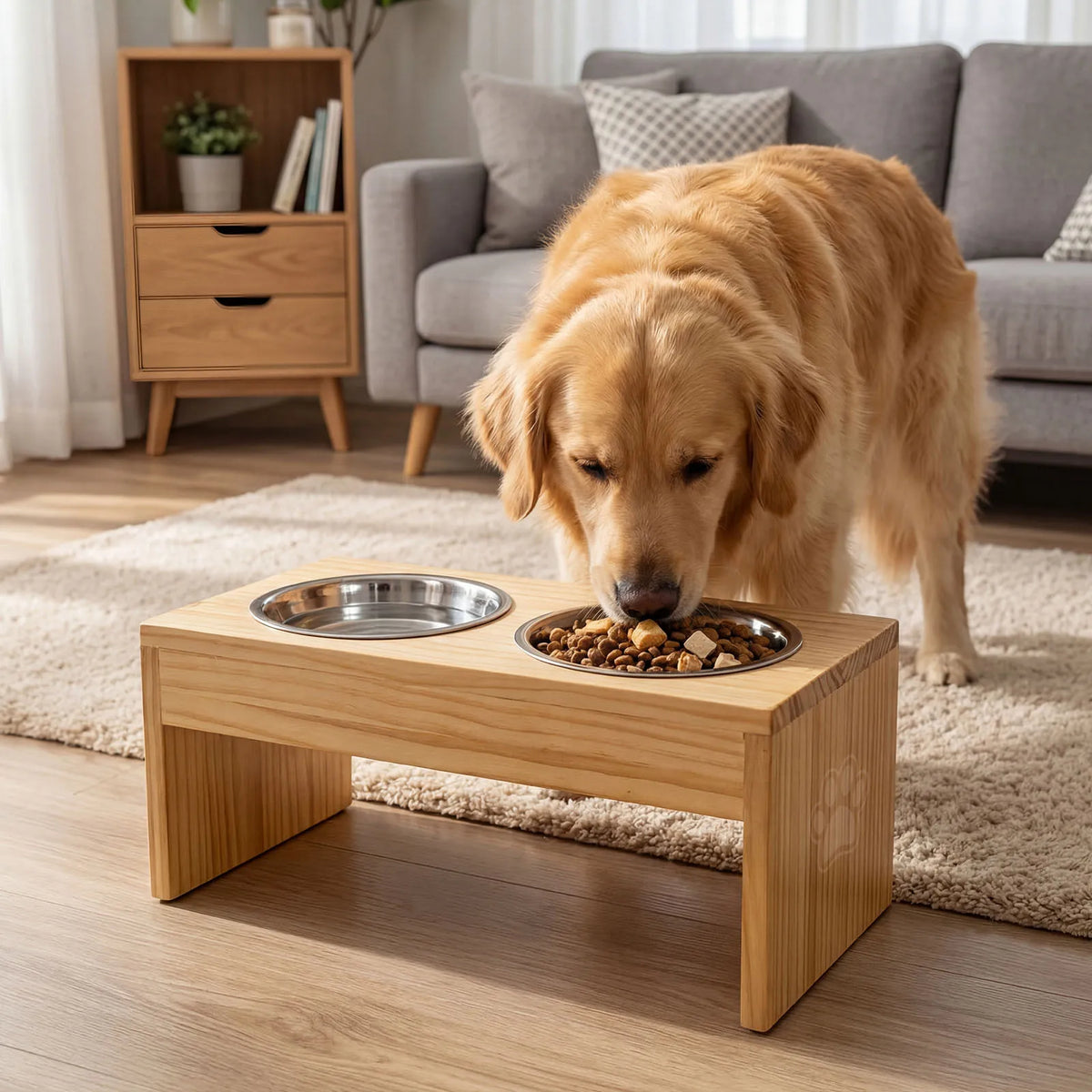Wooden Elevated Dog Bowls With Stainless Steel Double Pet Feeder