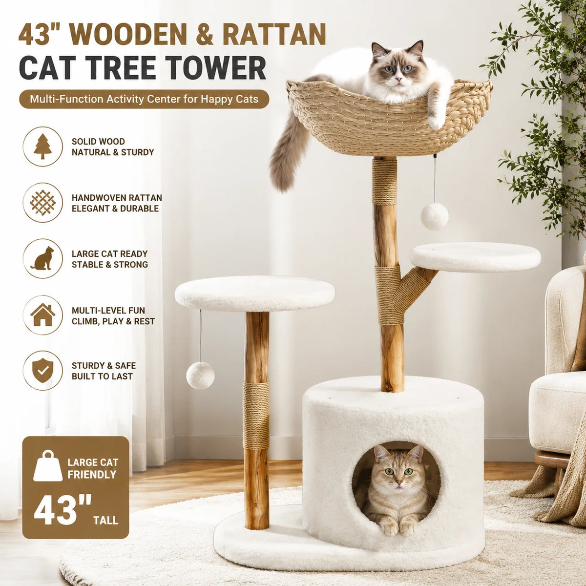 Wooden Cat Tree Tower with Rattan Multi Level Climbing Perches