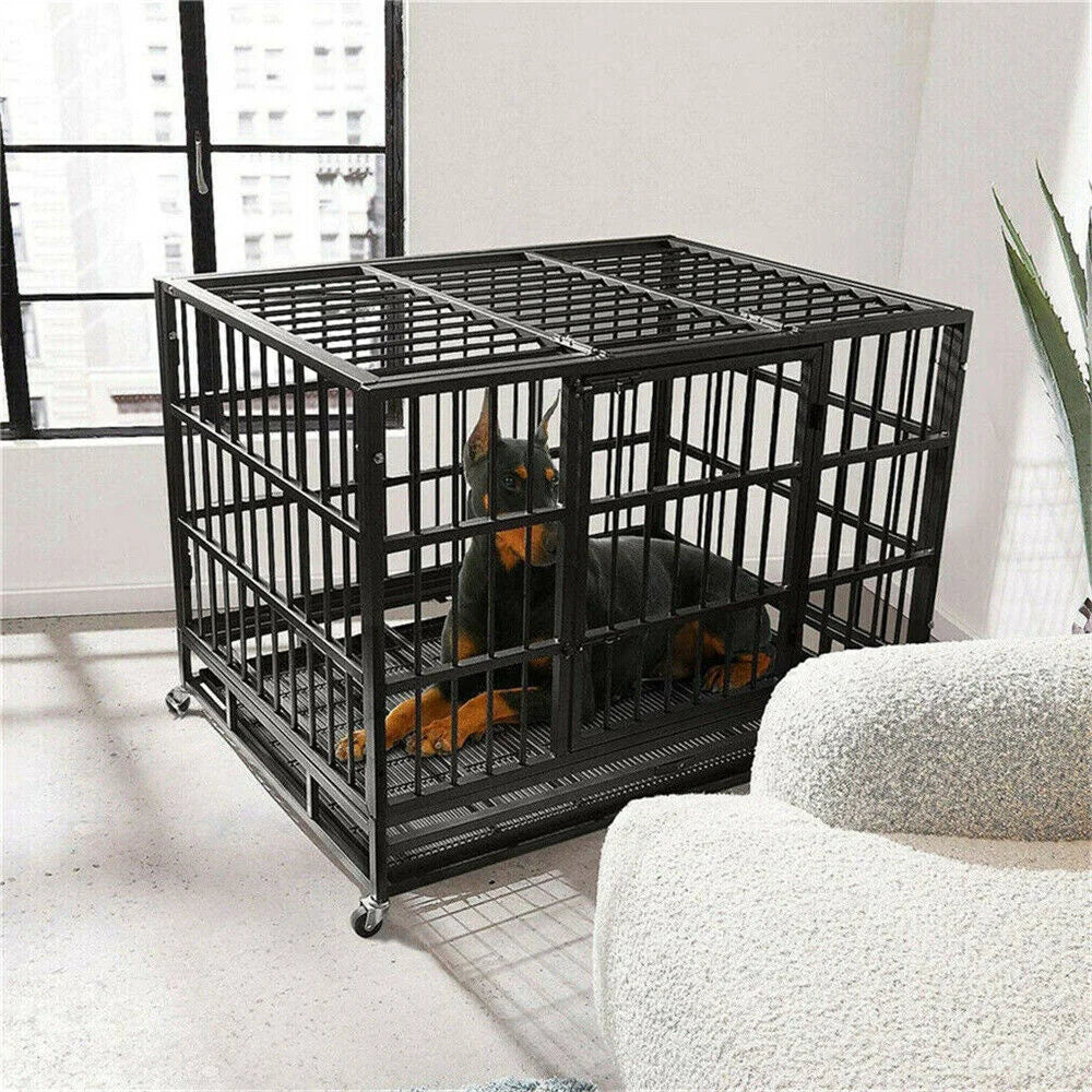 BORWART Heavy Duty Dog Crate Chew Resistant Metal Kennel With Locking Wheels