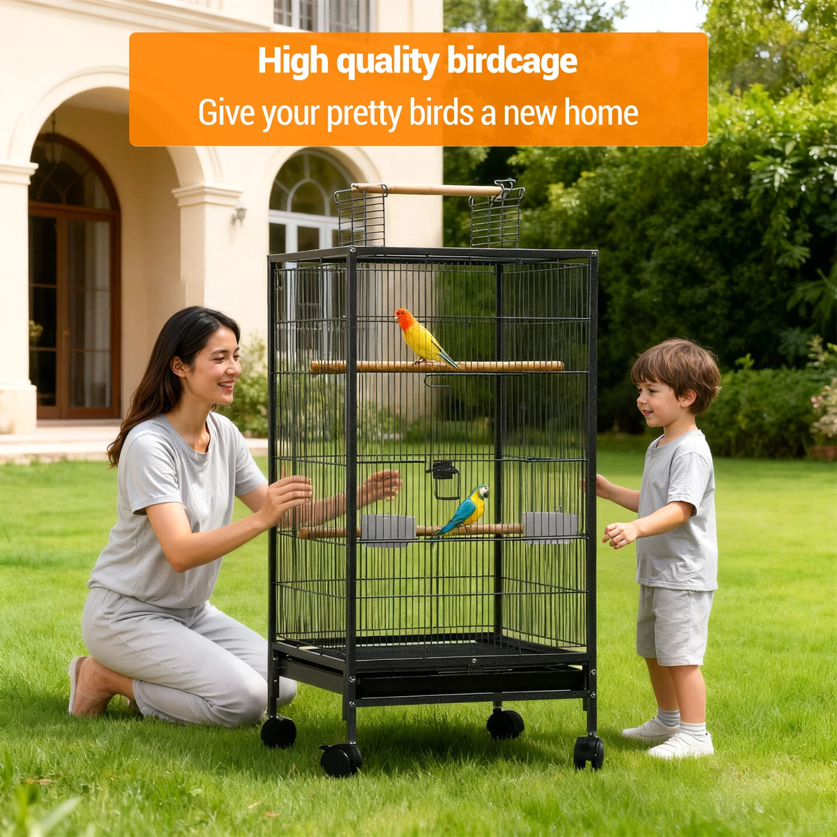 Open Top Double Parrot Cage With Rolling Storage Stand