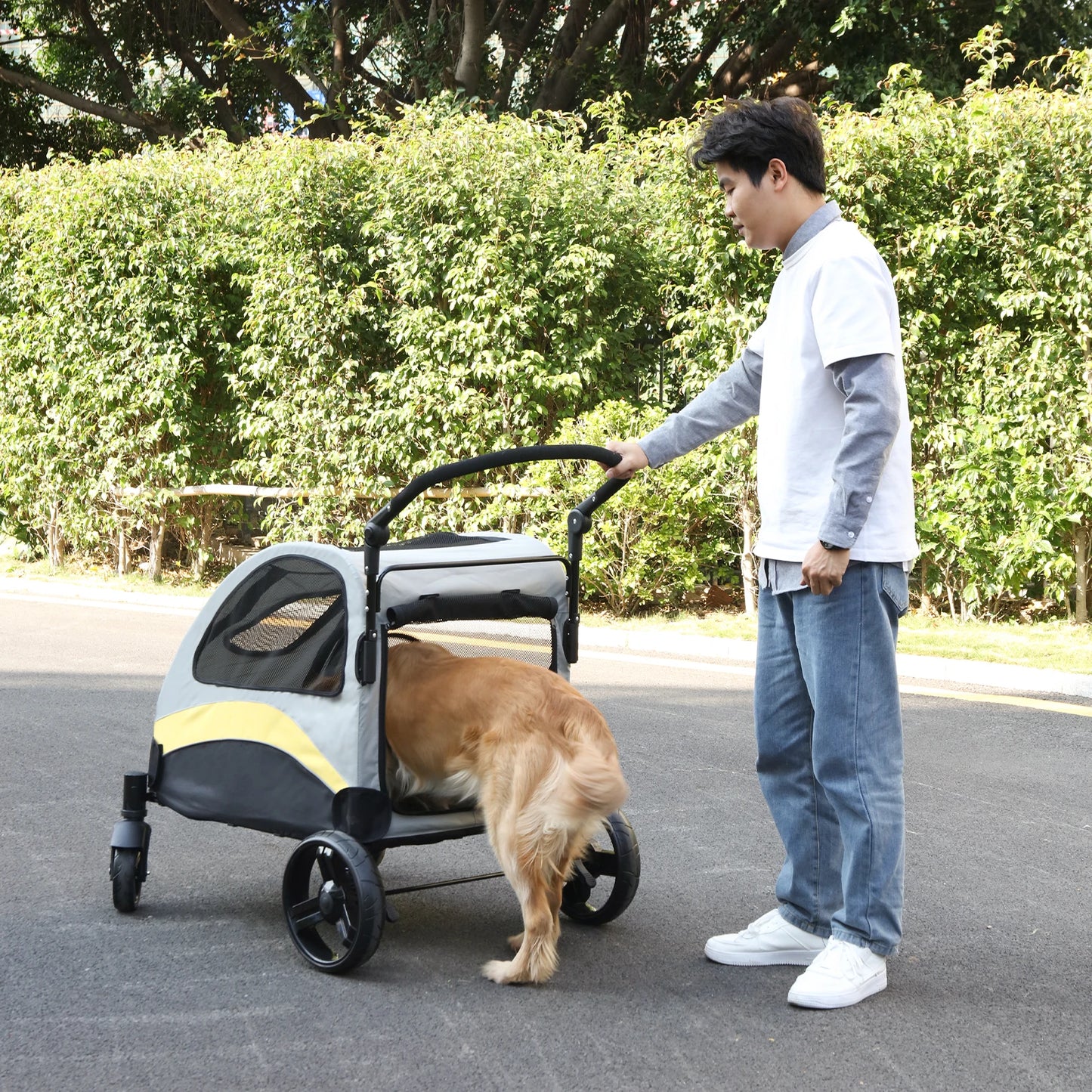Portable Dog Stroller With 4 Wheels For Large Dogs Breathable Foldable Carrier
