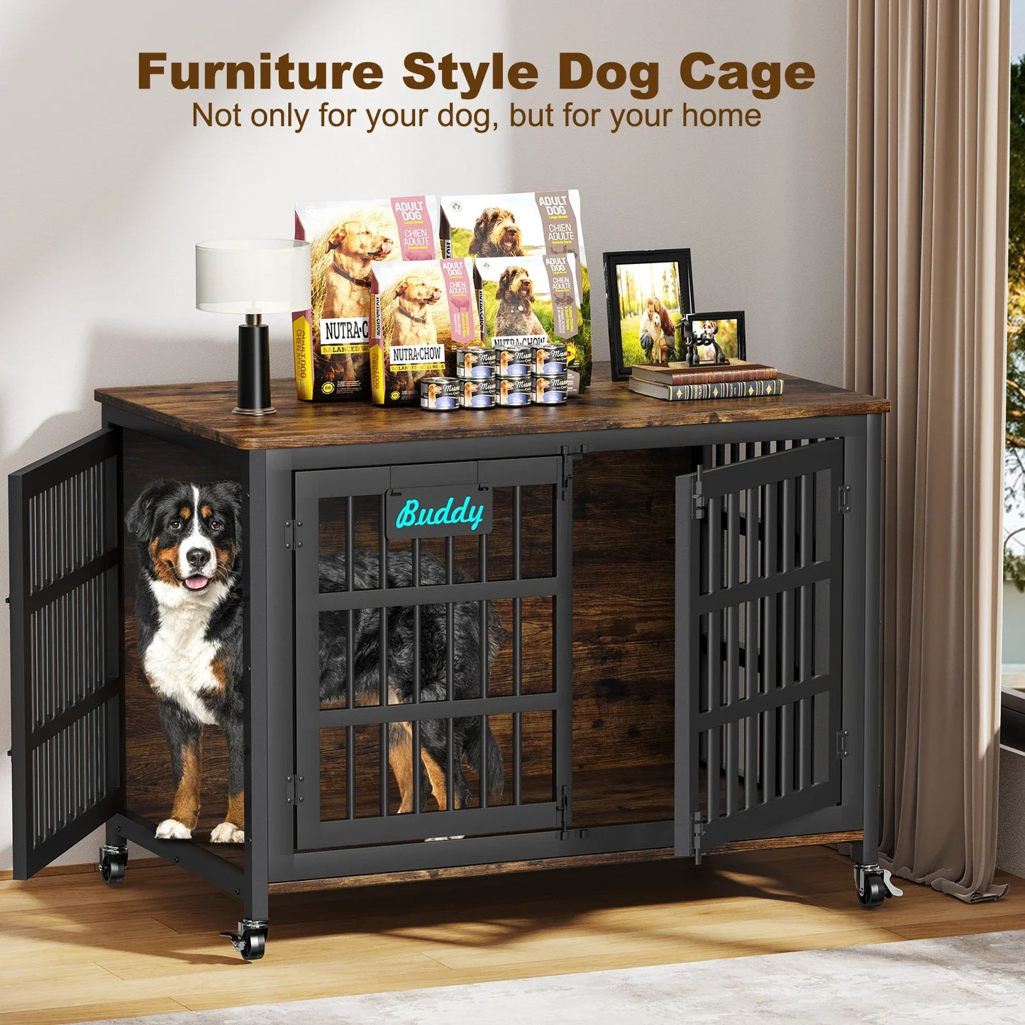 Dog Crate Furniture With Casters For Large And Medium Dogs