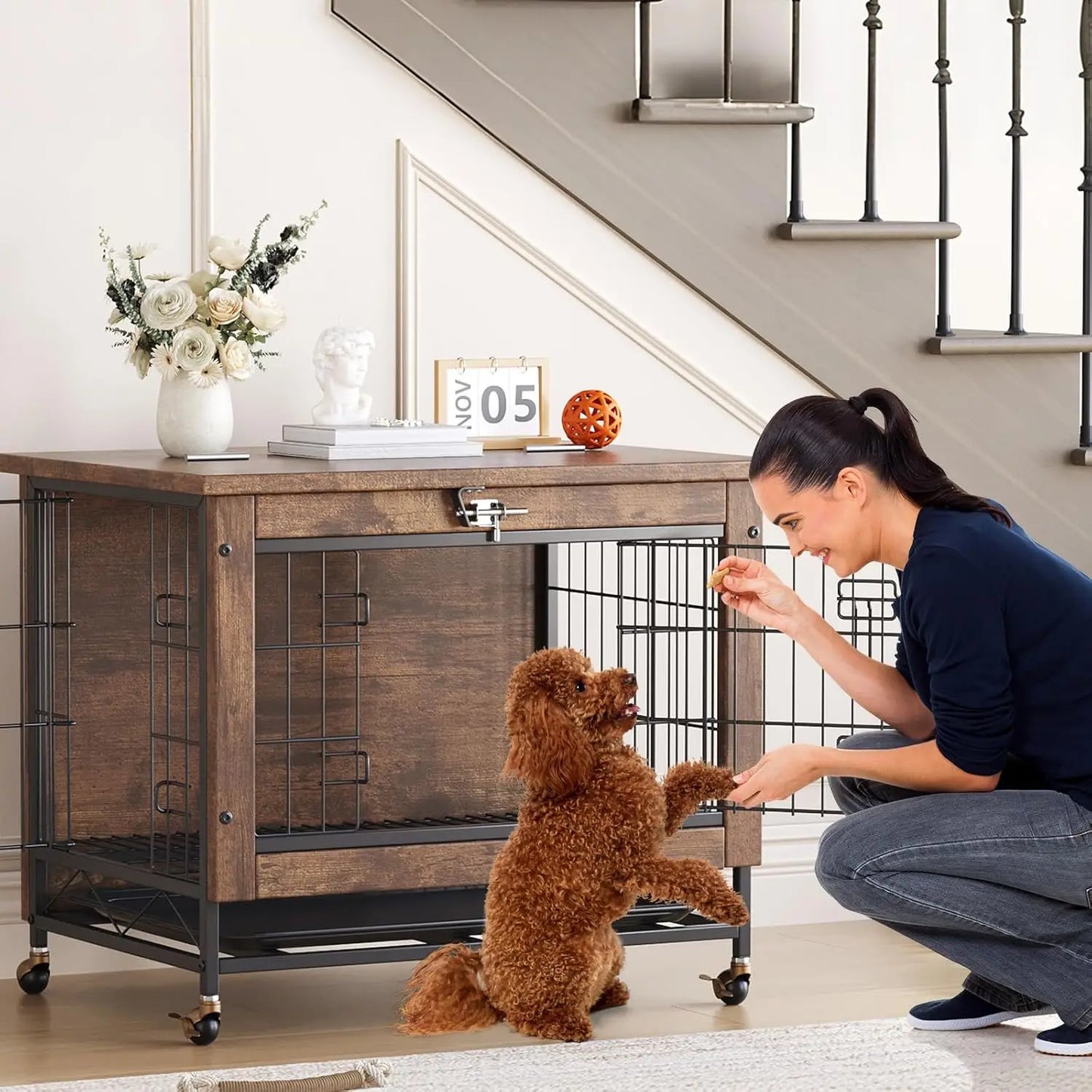 TWISTER.CK Dog Crate Furniture Indoor Wooden Kennel With Wheels