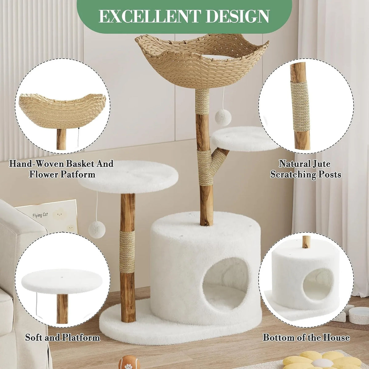 Wooden Cat Tree Tower with Rattan Multi Level Climbing Perches