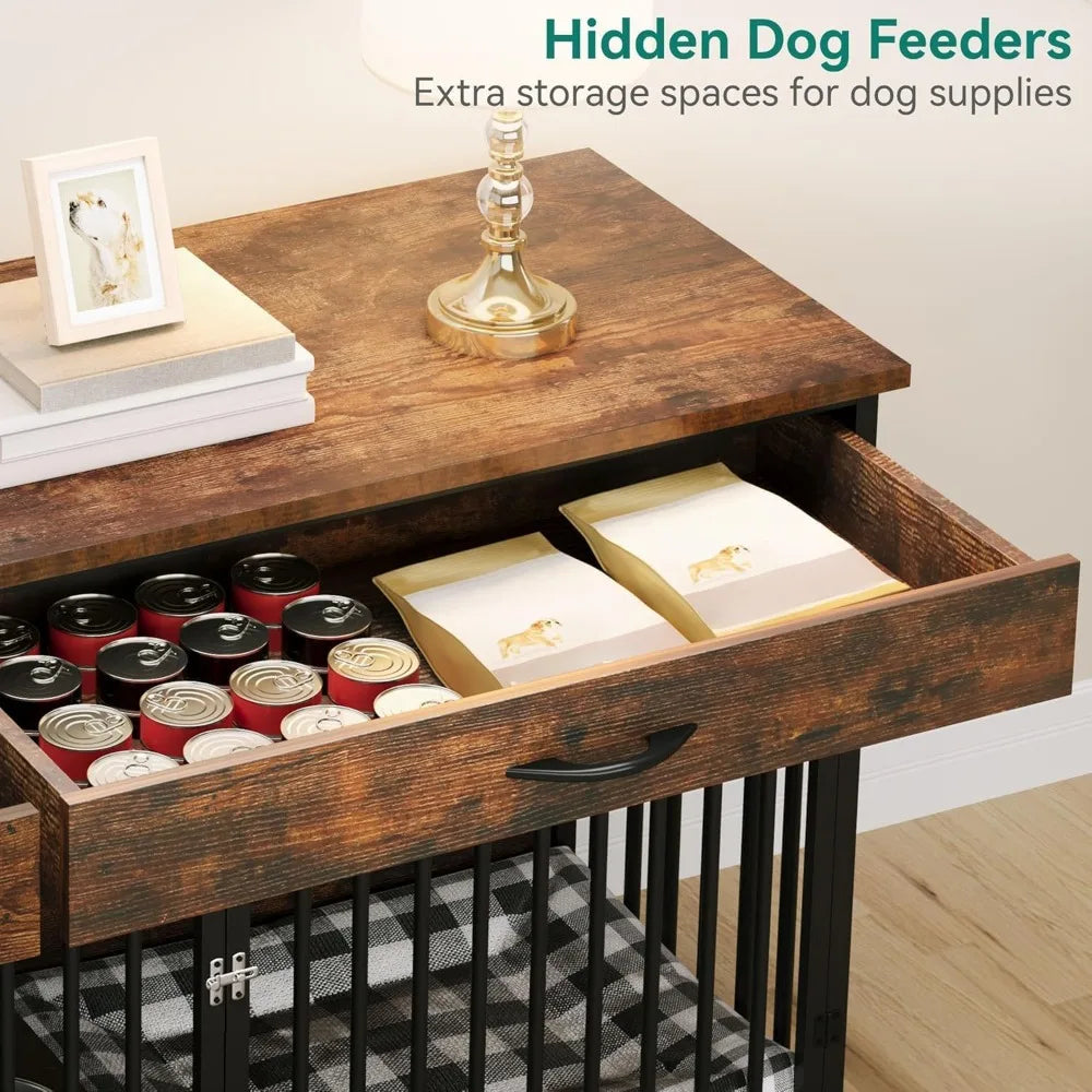 Double Dog Crate Furniture With TV Stand And Feeder