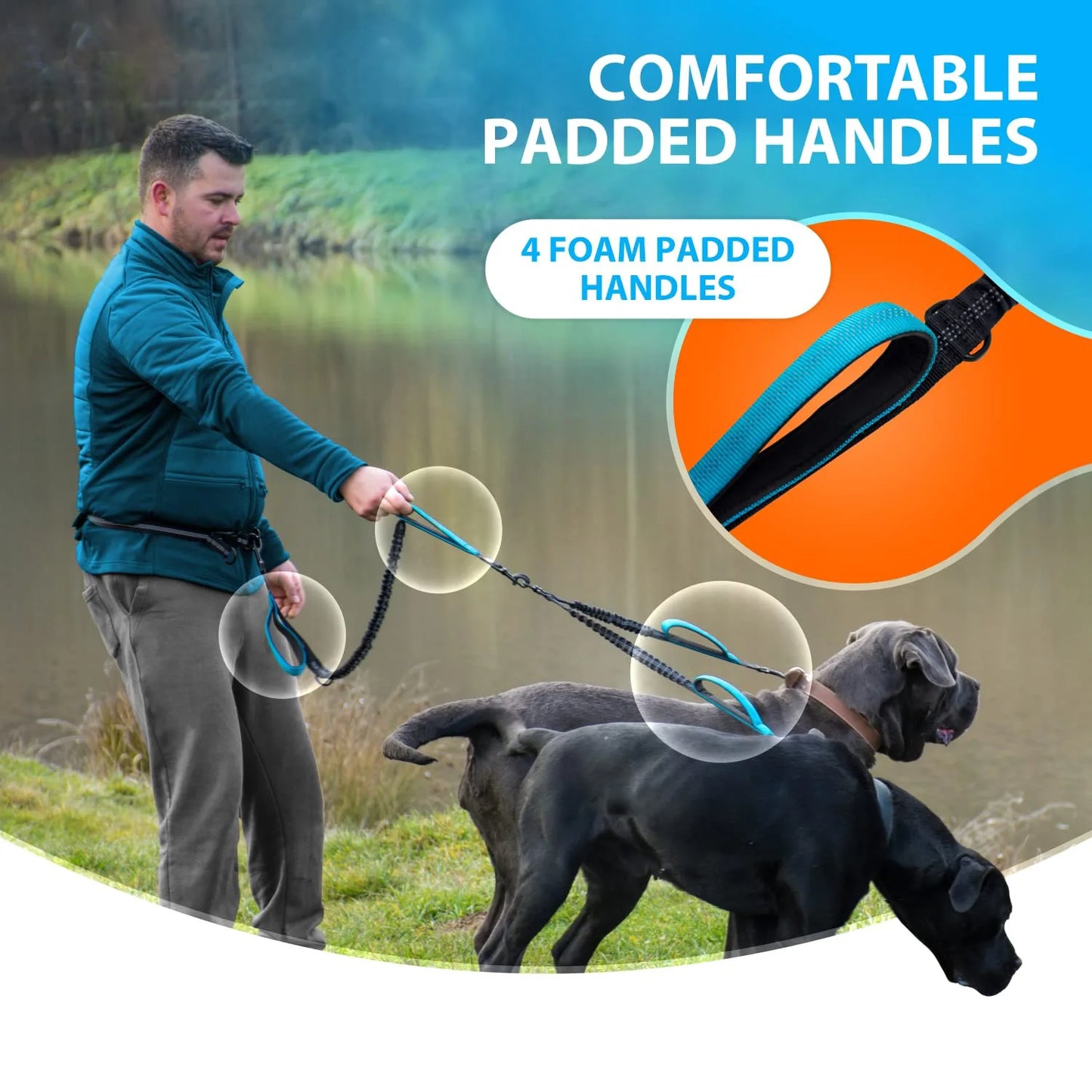 NONECN Double Dog Leash Hands Free Bungee Reflective Padded Handle