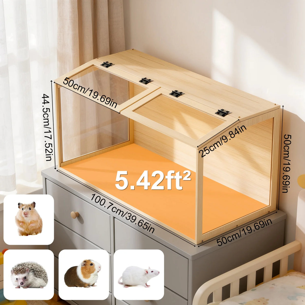 Wooden Hamster Cage With Tempered Glass Panels And Built In Led Light