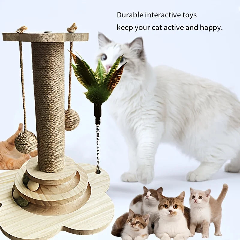 Indoor Cat Scratching Post With Teasing Wand And Ball Track